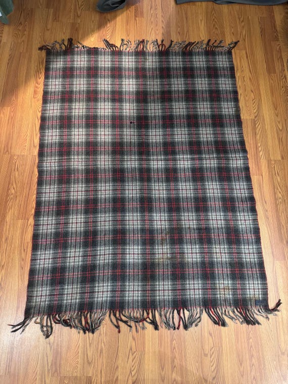 Vintage 1930s Pendleton Wool Blanket Fringe Gray Red 78”x56