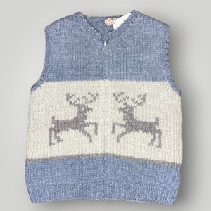 Vintage Knit Sweater Vest Reindeer Heavy Wool Handmade Gray Cream Zip Front L image 1