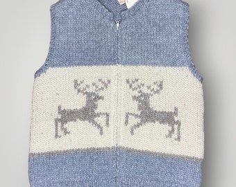 Vintage Knit Sweater Vest Reindeer Heavy Wool Handmade Gray Cream Zip Front L