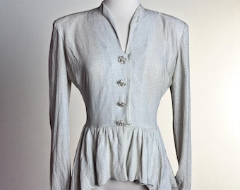 Vintage 1940s Lurex Metallic Button Top Blouse Peplum Hem White Gold Threads