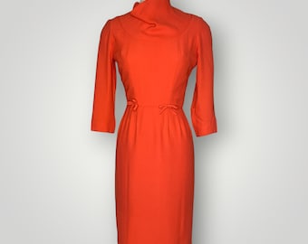 Vintage 1950s Sue Leslie Dress Bright Coral Women&#39;s XS Long Sleeve Knee Fitted L