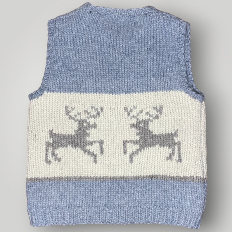 Vintage Knit Sweater Vest Reindeer Heavy Wool Handmade Gray Cream Zip Front L image 2