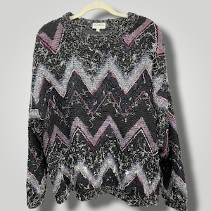 Vintage 80s Textured Zig Zag Black Pink Chenille Rodger Thornton L B1019