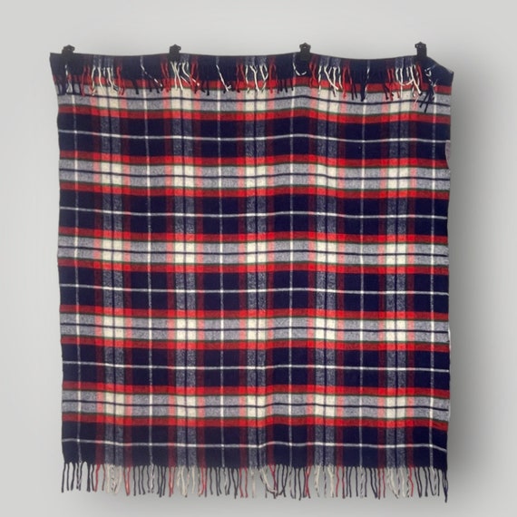 ビンテージ　ラグ　　チェック柄フリンジ付きブランケット ヴィンテージ レッド フリンジ チェック柄 ウール ブランケット - 62