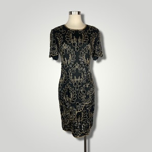 Vintage Dress 1980s St&#39;enay Silk Beaded Dress Black Gold Short Slv Knee Med Mini