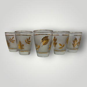 Copos de suco de folhagem dourada vintage Libbey Retro MCM Barware folhas foscas douradas