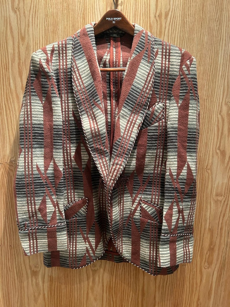 Vintage 1990s RRL by RALPH LAUREN L Brown Grey Navajo Cotton Sport Smoking Coat image 1