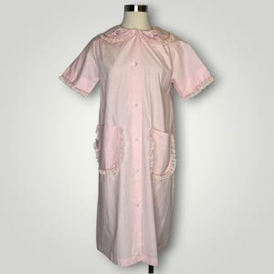 Vintage 1950s Cotton Handmade Pink Nightgown Robe Lace Peter Pan Embroidered