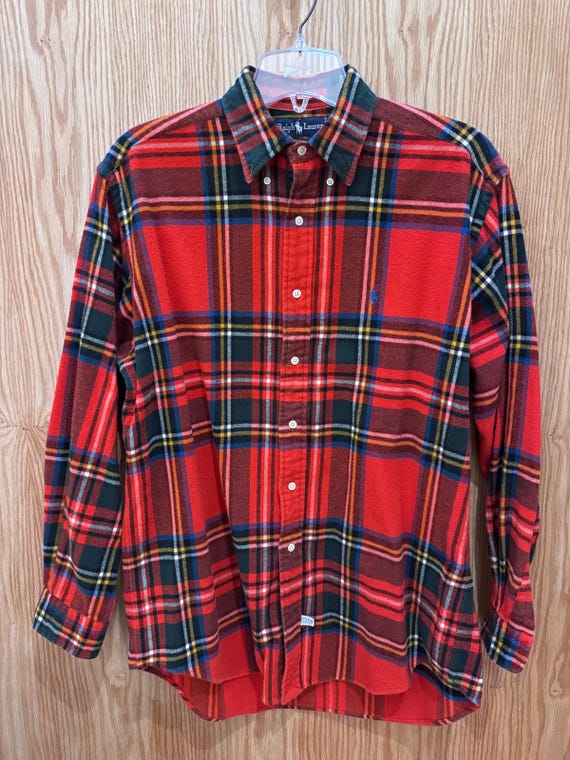 Vintage 1990s Ralph Lauren Flannel Cotton Soft Heavy M Plaid Red Men's