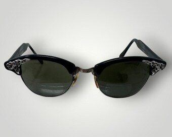 Vtg Riso 1940s Black Cat Eye Sunglasses Eyeglasses Diamante 5.5 12k Gold Filled