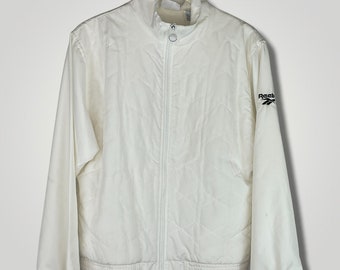 Vtg 1990s Reebok White Zip Jacket Windbreaker Quilted Lined Medium Coat Womens