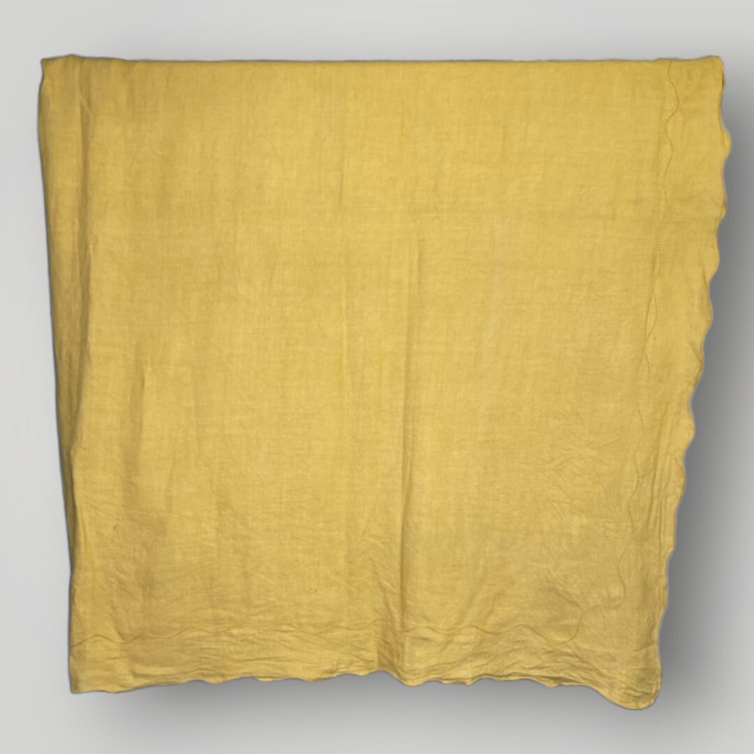 Vintage 1960s Mustard Yellow Tablecloth Linen Scalloped Edges Rectangle