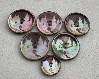Antique Mother Of Pearl Abalone Etched Buttons Set of 6 Village Scene
