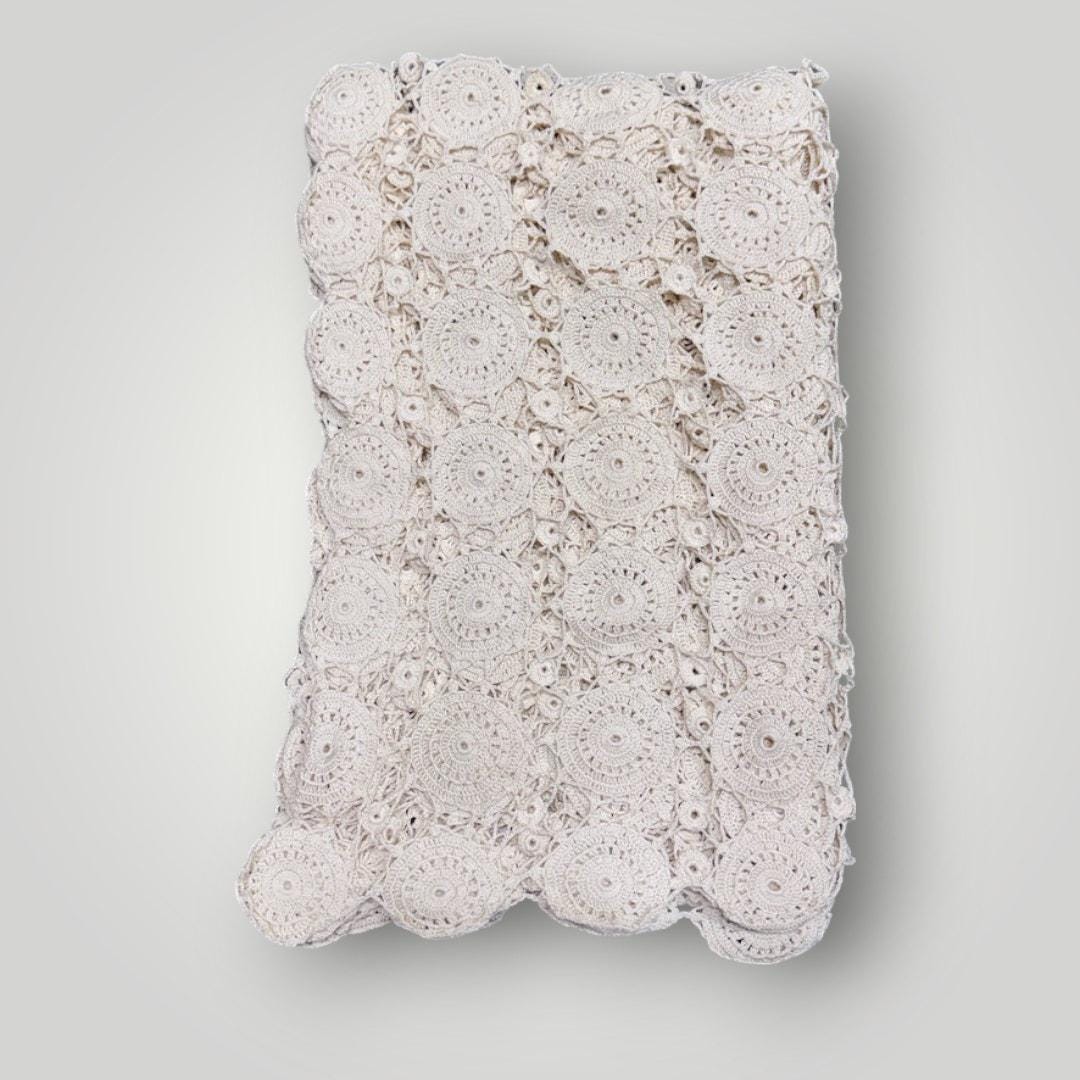 Vintage Handmade Crocheted Medallion Tablecloth Rectangle 54”x66” Cream