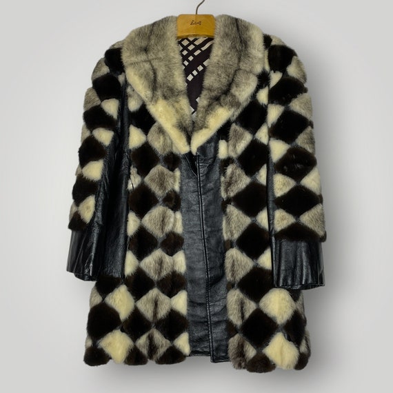 Vintage 1970s Argyle Fur Coat Brown and Silver Min