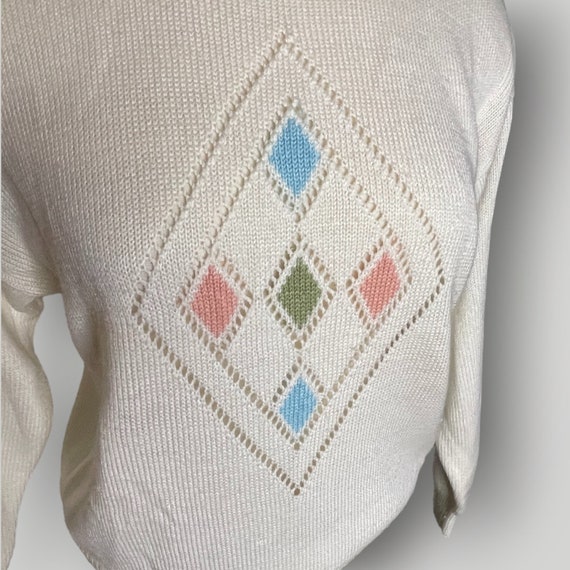 Vintage 1980s Argyle Sweater White Multicolor Dia… - image 4