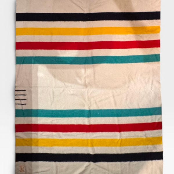 Vintage Hudson Bay 4 Point Blanket Full Size Wool Green Red Yellow Black 72”x90”