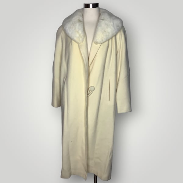 Vintage Betty Rose Cashmere Fur Trimmed Cream Ivory Robe Coat Long Glamorous Top