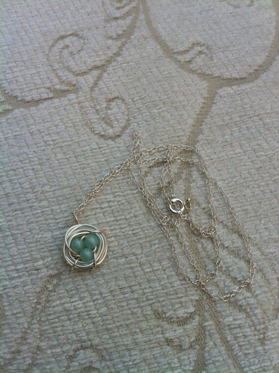 Sterling Silver Bird Nest Pendant Necklace With Blue Eggs Sterling Silver Bird Nest Pendant Necklace With Blue Eggs