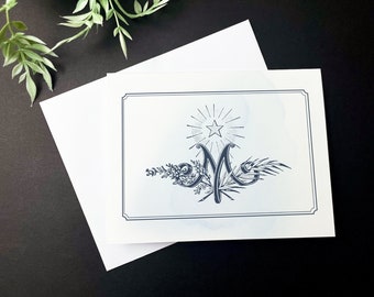 Tarjeta de felicitación con emblema mariano vintage: papelería católica (descarga digital)