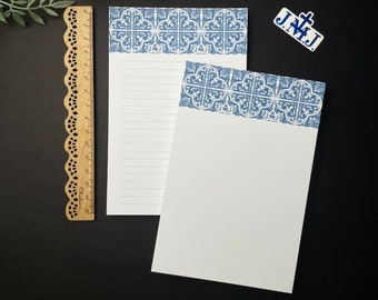 JMJ Blue Traditional Tile Modern Notepad / Blank or Ruled Notepad  | Catholic Notepad | Stationery Catholic / Housewarming Gift Catholic