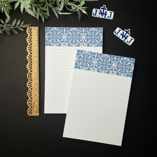 JMJ Blue Traditional Tile Modern Notepad / Blank or Ruled Notepad  | Catholic Notepad | Stationery Catholic / Housewarming Gift Catholic