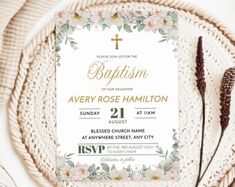 Rustic Roses Baptism Invitation | Editable Template (Digital Download)