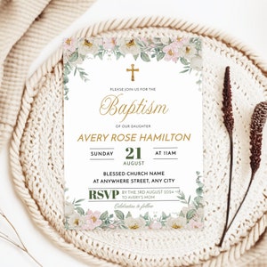 Roses Rustic Baptism Invite Editable Templates | Baptism Invitation | Christening Invitation Digital Download, Girl Baptism Invitation Suite