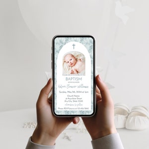 Editable Mint Floral Baptism Electronic Invitation Template | Baptism Invitation | Baptism Photo Electronic Baptism Invite Corjl Template