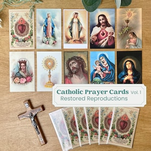 Traditional Catholic Prayer Cards, Restored Reproduction Vintage Prayer Card, Virgin Mary, Sacred Heart, Spiritual Communion, Keepsake Card