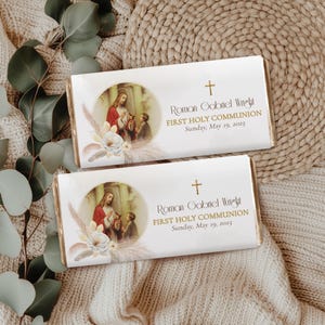 First Communion Chocolate Bar Wrapper Editable Template | Party Favor Printable | First Communion Favor, Custom Boy Communion Favor Download