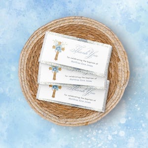 Blue Baby's Breath Baptism Chocolate Bar Wrapper Template | Party Favor Printable | Baptism Favor, Custom Boy Baptism Favor Corjl Template