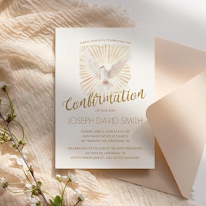 Watercolor Dove Confirmation Invitation and Evite, Custom Printable Template for Boys & Girls, Editable Digital Download for Catholic Party