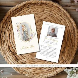 May include: Two memorial cards on a woven background. One card features an illustration of a religious figure within a floral frame, with the text "To Loving Memory." The second card includes a photo and text about Jeanne Montgomery.