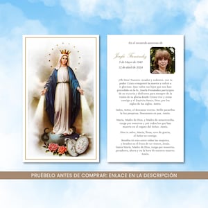 Tarjeta de oración fúnebre de la Santísima Virgen María, Cartes de prière pour les funérailles de la Vierge catholique en espagnol, en memoria amorosa oración