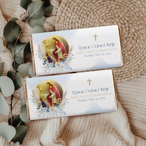 Custom First Communion Chocolate Bar Wrapper Template | First Communion Template | First Communion Favor, Catholic Boy Communion Party Favor