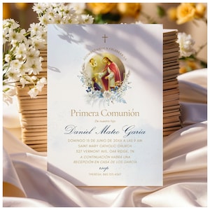 Vintage Catholic Spanish First Communion Invitation, Customizable Editable Template, Digital Download for Boy, Printable Invite, 5x7 Size