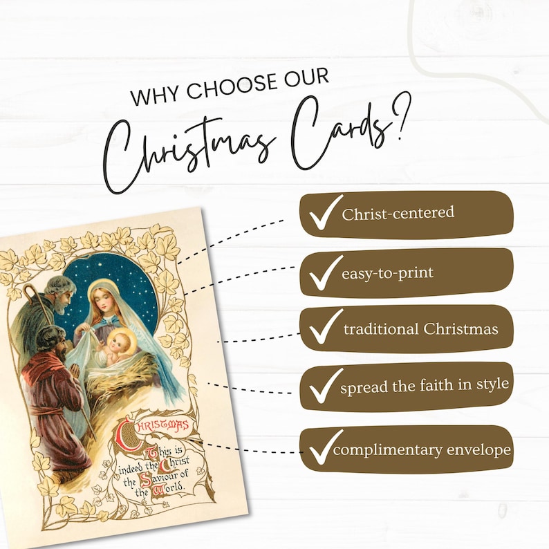 May include: A vintage Christmas card featuring a traditional nativity scene with Mary, Joseph, and baby Jesus. The card has a gold border with a leafy design and the text "This is indeed the Christ the Saviour of the world."  The card is part of a set of Christ-centered Christmas cards that are easy to print and come with a complimentary envelope.