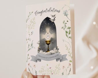 Vintage First Communion Card: Watercolor Floral Chalice (PDF Download)
