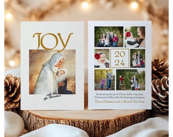 May include: A Christmas card with a collage of family photos and the words "Joy" and "20 24" in gold lettering. The card also includes a religious image of Mary holding baby Jesus and the text "with love the Thatchers".