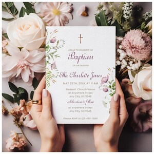Wildflower Baptism Invitation - Purple Floral Design - Girl Baptism Invite - Customizable Template - Girl Christening Invitation Template