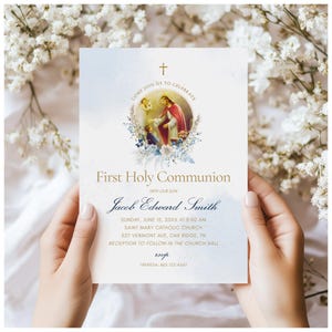 Boy First Communion Invitation Template, Digital Download, First Eucharist Catholic Boy, Vintage Jesus Illustration, Customizable Invite