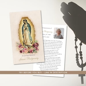 Onze-Lieve-Vrouw van Guadalupe begrafenisgebedkaarten, bewerkbare herdenkingskaarten, aangepaste gebedskaarten, ter liefdevolle herinnering Katholiek gebed voor een geliefde