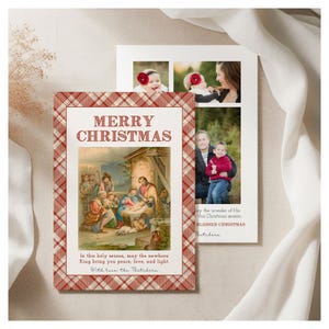 Tarjeta fotográfica de Navidad con la Natividad / Tarjeta fotográfica navideña / Plantilla Corjl editable Tarjeta fotográfica familiar, Tarjeta cristiana de fin de año para Navidad