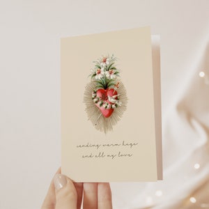 Coeur immaculé envoyant des câlins chaleureux | carte de voeux catholique | Carte catholique Pensez à vous pour catholique, papeterie pour catholique