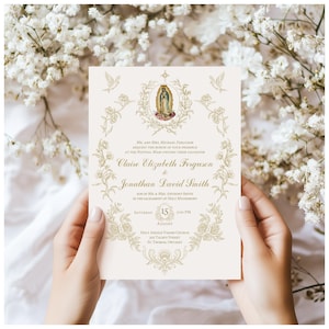 May include: A cream-colored wedding invitation with gold floral and dove accents. The invitation features the text "Claire Elizabeth Ferguson to Jonathan David Smith" and details for the nuptial mass. A religious icon is at the top.