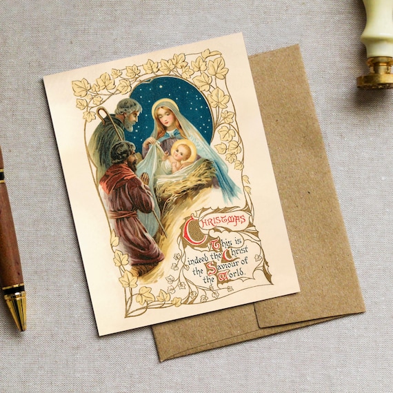 Restored Reproduction Vintage Christmas Card | Catholic Greeting Card | Traditional Nativity Christmas Cards, Catholic Office Stationery PDF