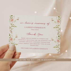 Carte de remerciement pour funérailles rose rose - fleur rose pour les funérailles de remerciement - carte commémorative modifiable rose poudré - modèle de carte de remerciement rose pour funérailles