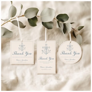 Customizable Catholic Wedding Favor Tags – Editable Vintage Marian Floral Gift Tag, Printable Thank You Tags in Blue with Hand-drawn Flowers