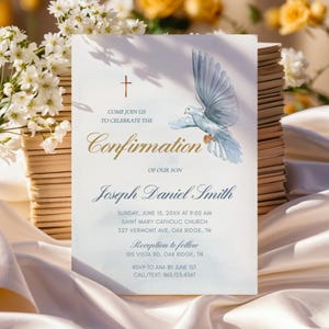 Invitation de confirmation colombe aquarelle et Evite, modèle imprimable personnalisé pour garçons et filles, invitation religieuse numérique modifiable à télécharger